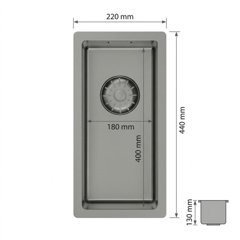 Pure.Sink Comfort PVD Gun metal kleine spoelbak 18x40 cm onderbouw, vlakbouw en opbouw PCM840-61